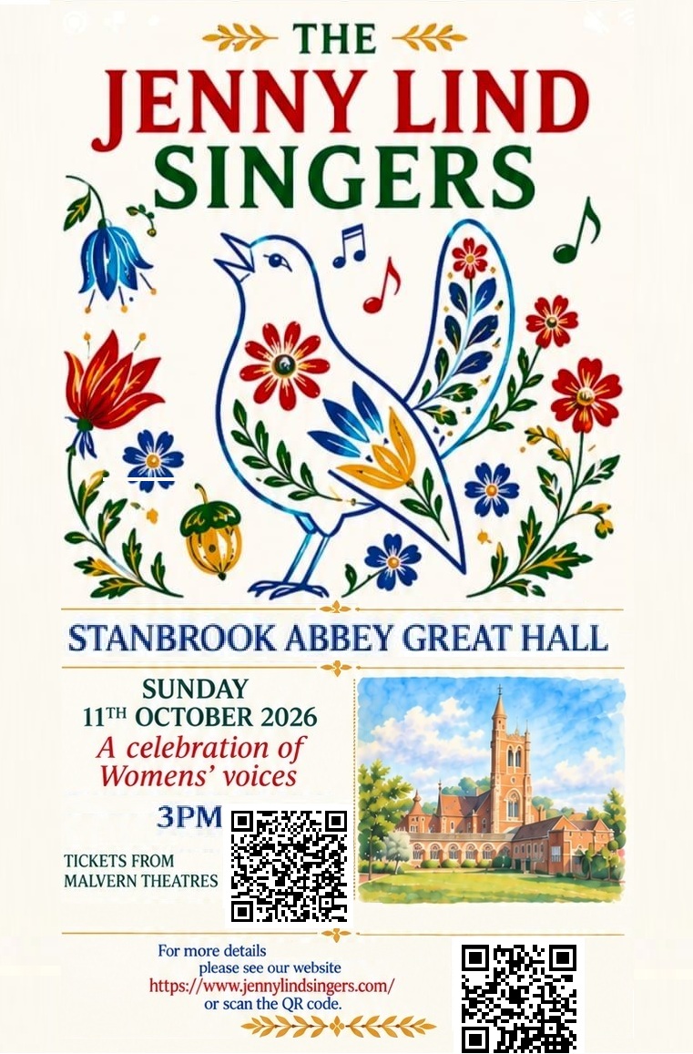 Poster for The Jenny Lind Singers concert, A Celebration of Women's Voices, at Stanbrook Abbey Great Hall, Sunday 11 October 2026, 3pm.